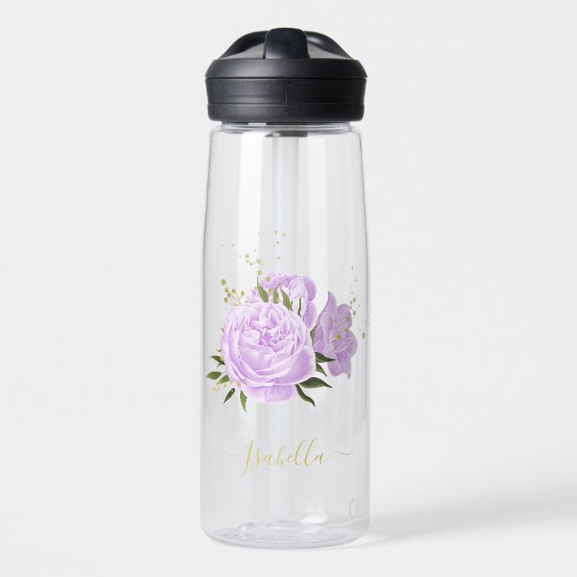 Bouteille D'eau romantique lilas violet fleurs verdure mariage (Avant)