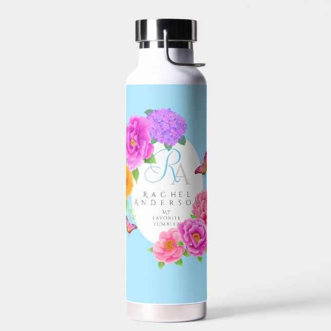 Bouteille D'eau Romantique Monogramme Peonies Jardin Bleu (Gauche)