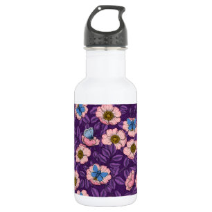 Bouteille D'eau Rose de chien et papillons en rose et violet