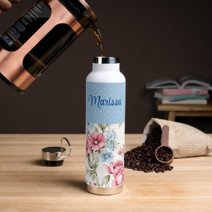 Bouteille D'eau Rose et bleu ciel floral et pois