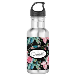 Bouteille D'eau Rose Floral Roses Vintage Jardin Femme Rose Noir