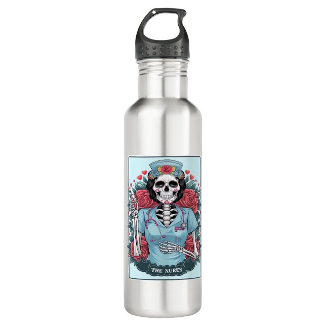 Bouteille D'eau Rose Floral Skeleton Nurse Carte Tarot Halloween E (Devant)