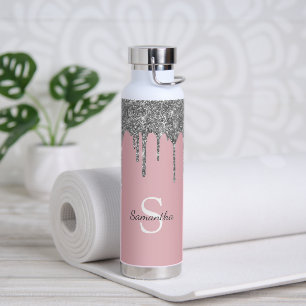 Bouteille D'eau Rose Gold Rose Argent Paillettes Monogramme Nom