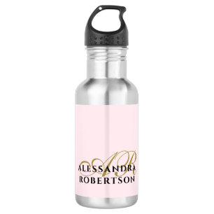 Bouteille D'eau Rose pastel Monogramme Minimaliste Or Noir Élégant