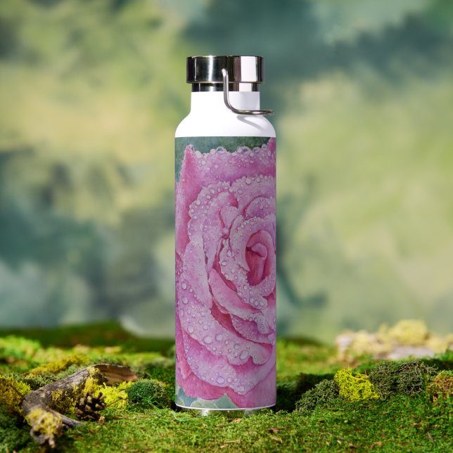 Bouteille D'eau Rose rose avec gouttes de pluie  (Extérieur)