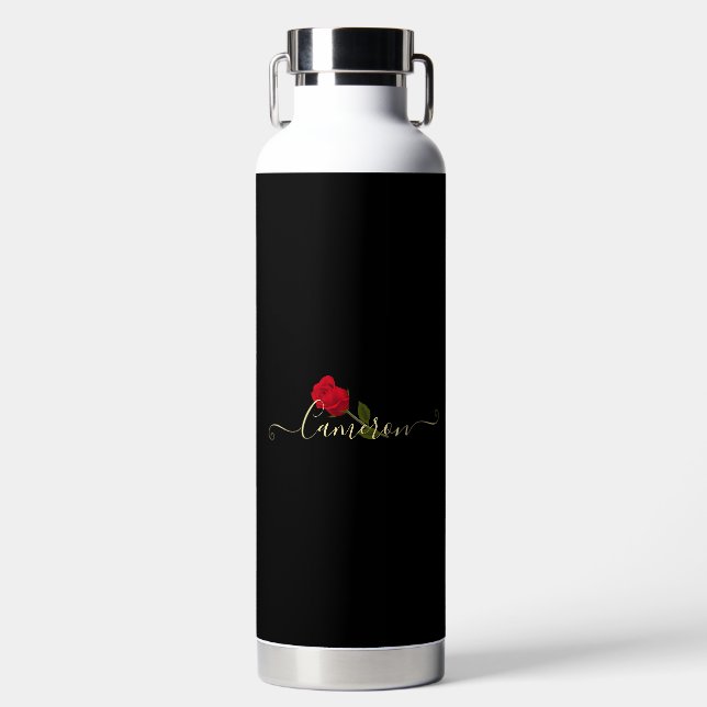 Bouteille D'eau Rose Rouge Sur Monogramme Noir Et Or (Avant)