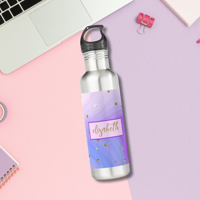 Bouteille D'eau Rose violet bleu or Parties scintillant Monogramme (Monogrammed name blue purple pink marble swirl gold glitter water bottle for her)