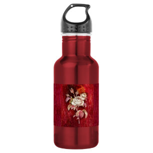 Bouteille D'eau Roses blanches sur fond texturé rouge foncé