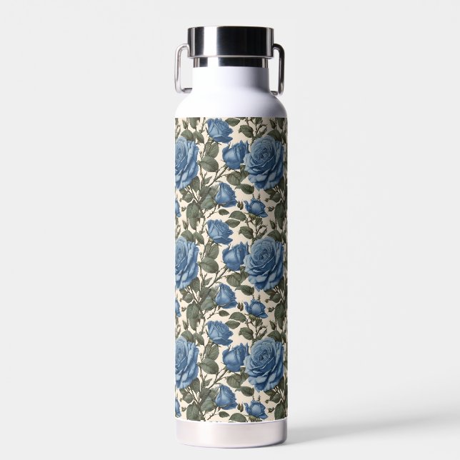 Bouteille D'eau Roses Bleus Et Feuilles Verts, (Avant)