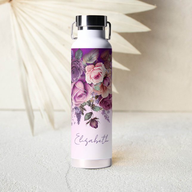 Bouteille D'eau Roses violettes rose élégant personnalisé (Purple pink ombre floral personalized water bottle bridesmaid gifts for girls bridal party favors)