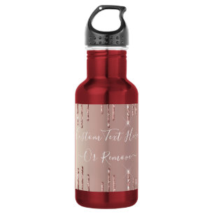 Bouteille D'eau Rouge Doré Rose Paillettes Étincelles Gouttes Text
