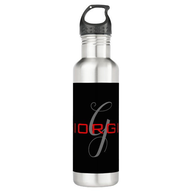 Bouteille D'eau Rouge noir Votre nom Monogramme initial Moderne (Devant)