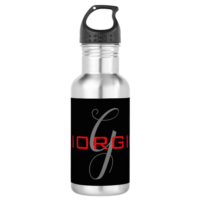 Bouteille D'eau Rouge noir Votre nom Monogramme initial Moderne (Devant)