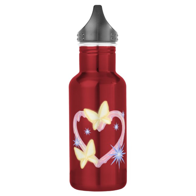 Bouteille d'eau rouge vibrant avec papillon enchan (Gauche)