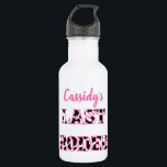 Bouteille D'eau Sa Dernière soirée de bachelorette Rodeo Disco<br><div class="desc">Célébrez les mariées d'être avec ces bouteilles d'eau de soirée de bachelorette à thème de cowgirl disco. Des lettres à motifs de vache noire et blanche épellent le message DERNIER RODEO avec le nom de la mariée ci-dessus en écriture manuscrite rose.</div>