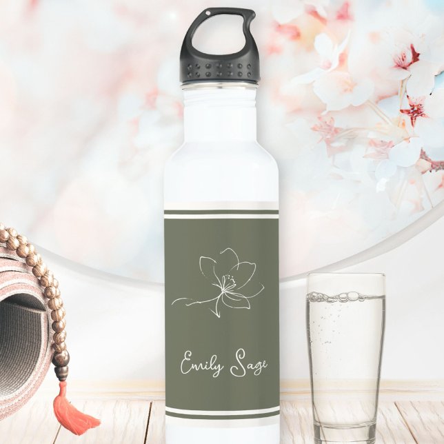 Bouteille D'eau Sage Green Ivory Floral Line Art Striped (Minimalist Floral Line Art Zen Sage Green Ivory Stainless Steel Water Bottle ©Sunny Wanderlust 🌞✈️)