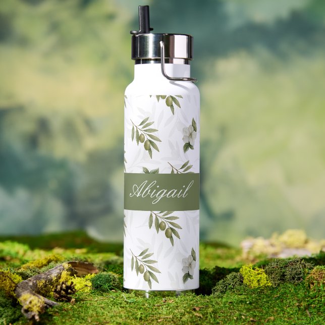 Bouteille D'eau Sage Timeless Olive Aquarelle Nom (Extérieur (pivotée))
