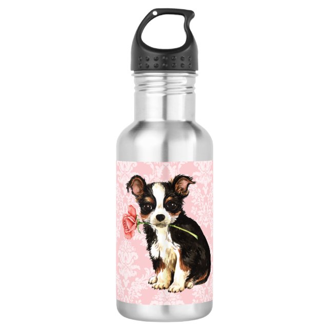 Bouteille D'eau Saint-Valentin Rose long manteau Chihuahua (Devant)
