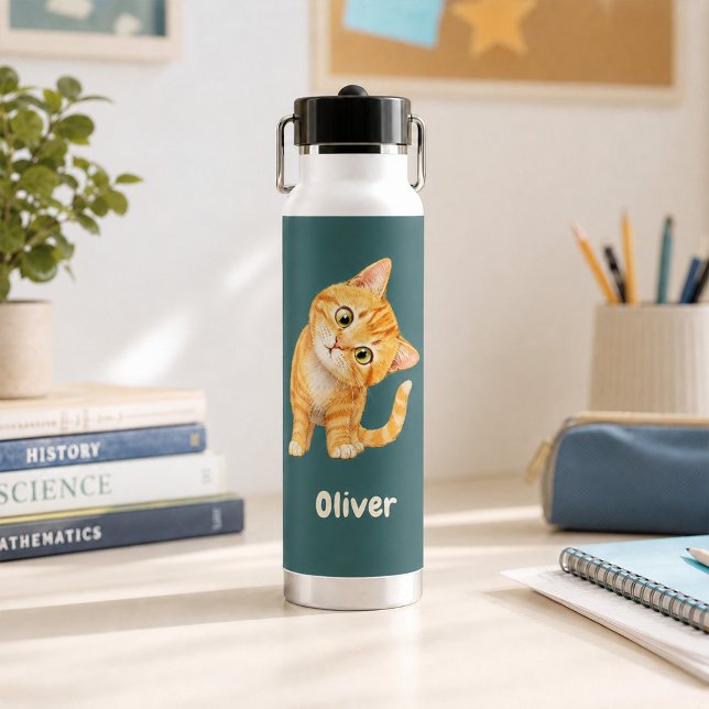Bouteille d'eau sarcelle foncée chat orange drôle  (Personalized Funny Orange Cat Dark Teal Water Bottle)
