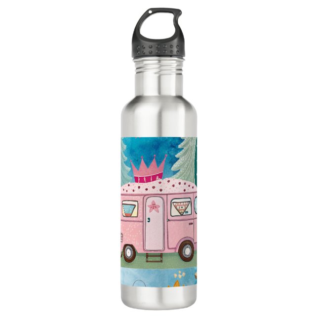 Bouteille D'eau Scène de camping Whimsical Pink Camper Van Camping (Devant)