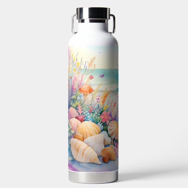 BOUTEILLE D'EAU SCÈNE DE PLAGE À L'AQUARELLE AVEC COQUILLAGES (Avant)