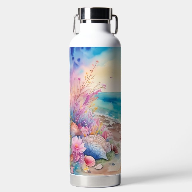 BOUTEILLE D'EAU SCÈNE DE PLAGE À L'AQUARELLE AVEC COQUILLAGES (Avant)