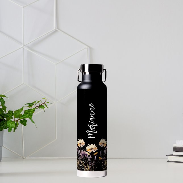 Bouteille D'eau script de nom personnalisé en noir fleur sauvage (Créateur téléchargé)