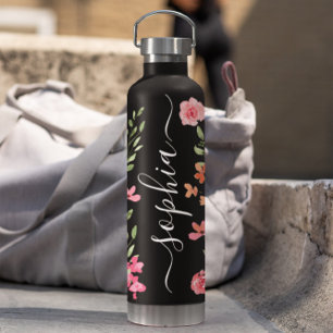 Bouteille D'eau Script floral à l'aquarelle chic personnalisé