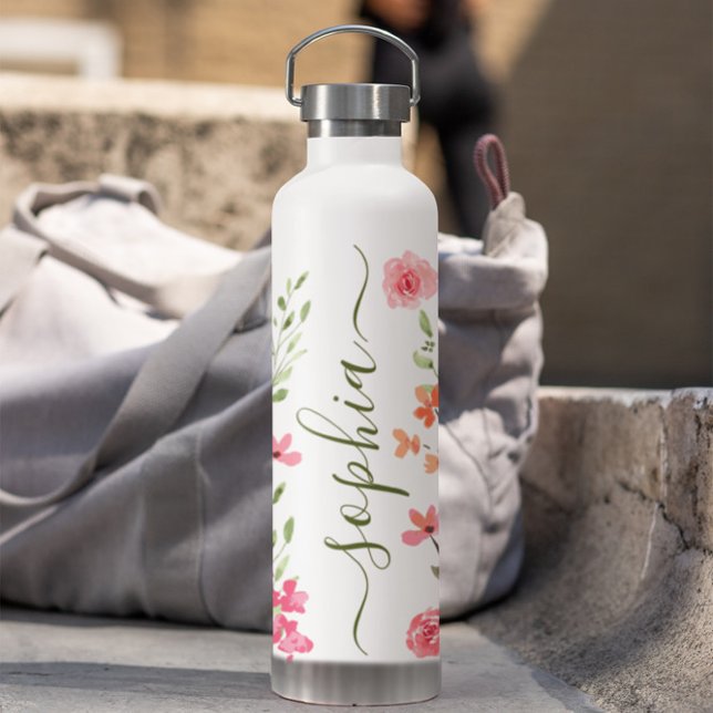 Bouteille D'eau Script floral à l'aquarelle chic personnalisé (Floral watercolor personalized water bottle elegant script.)