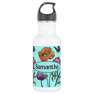 Bouteille D'eau Shabby Poppy Red Purple sur Aqua Nom personnalisab