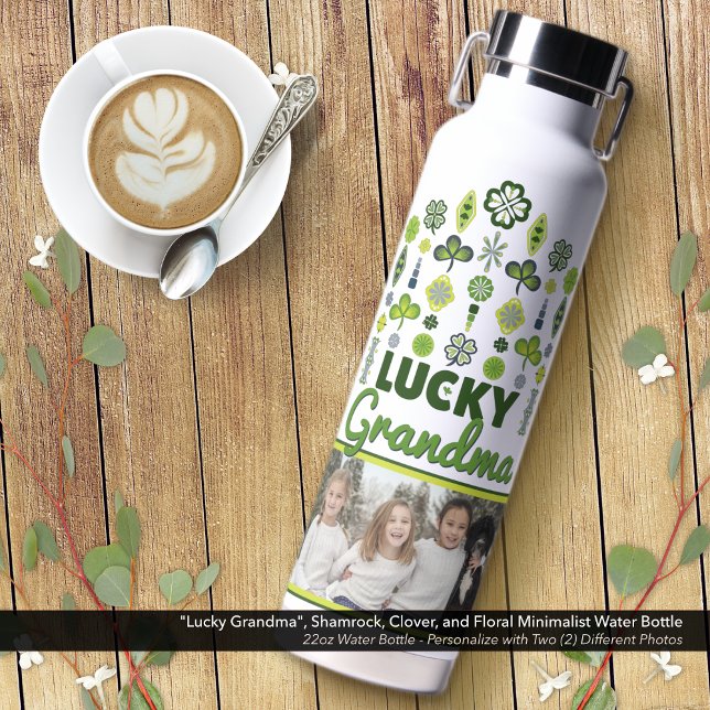 Bouteille D'eau shamrock Clover Floral Photo "Lucky Grandma" ("Lucky Grandma", Shamrock, Clover, and Floral Minimalist Water Bottle; Personalize with Two Photos.)