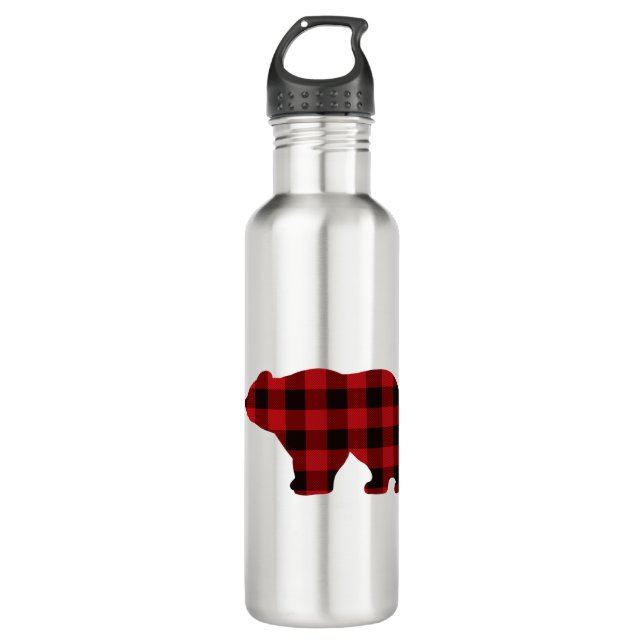 Bouteille D'eau Silhouette d'ours classique rouge noir plaid [moti (Devant)