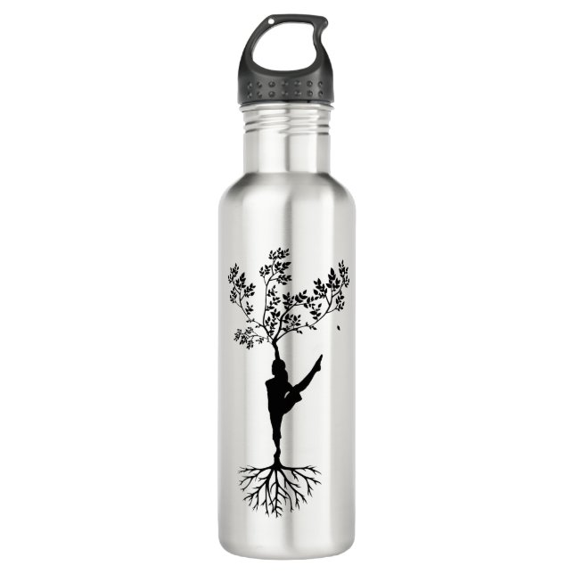 Bouteille D'eau Silhouette Femmes Arbre Yoga (Devant)