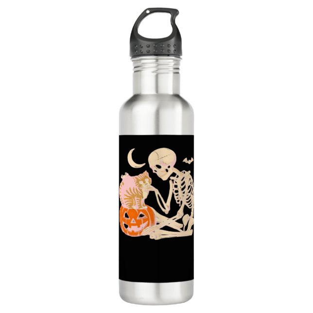 Bouteille D'eau Skeleton Hugging Cat Halloween Amoureux des chats  (Devant)