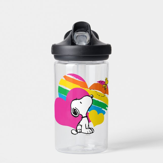 Bouteille D'eau Snoopy et Woodstock | Coeurs arc-en-ciel (Avant)