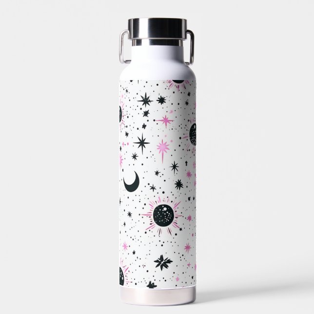 Bouteille D'eau Soleil Lune Étoiles Célestes Noir et Rose (Avant)