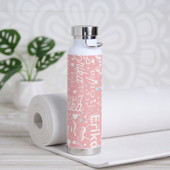 Bouteille D'eau Son nom et de mignons coeurs rose rougissant (Yoga)