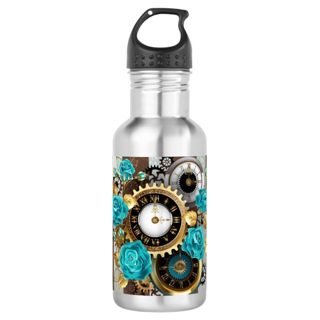 Bouteille D'eau Steampunk Clock and Turquoise Roses on Striped (Devant)