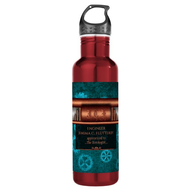 Bouteille D'eau Steampunk, cuivre sur roues turquoises, Monogramme (Devant)