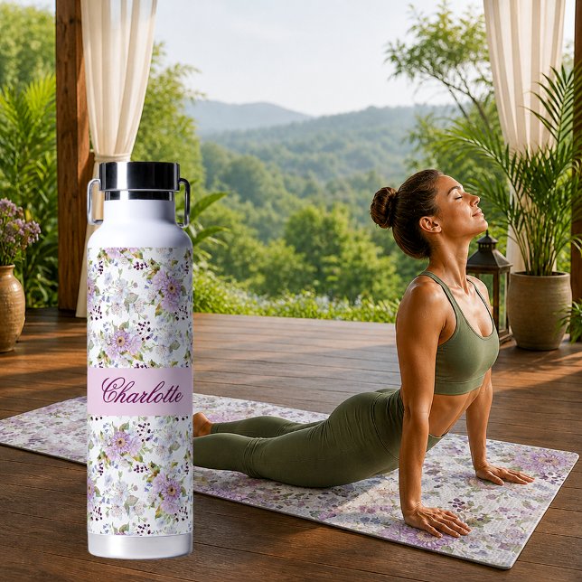 Bouteille D'eau Style de monogramme chic floral à fleurs sauvages  (Pink Wildflower Floral Chic Monogram Style Water Bottle)