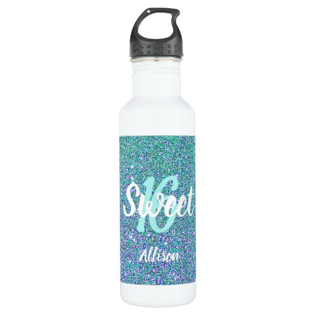 Bouteille D'eau Sweet 16 Parties scintillant bleue Turquoise Perso (Devant)