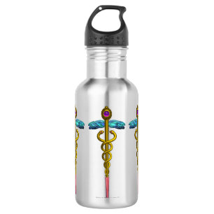 BOUTEILLE D'EAU SYMBOLE MÉDICALE DE CADUCÉE D'OR