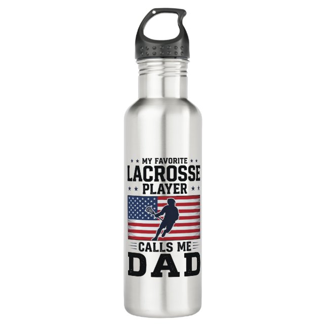 Bouteille D'eau T-shirt drôle de papa de lacrosse drapeau américai (Devant)