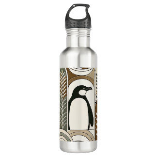 Bouteille D'eau Taupe Mocha Arcs Abstraits de grains Motif Penguin