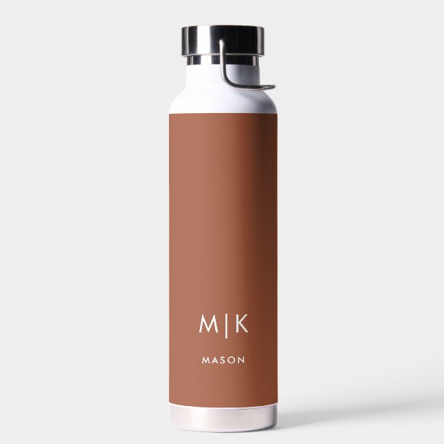 Bouteille D'eau Terracotta et blanc | Monogramme moderne (Gauche)