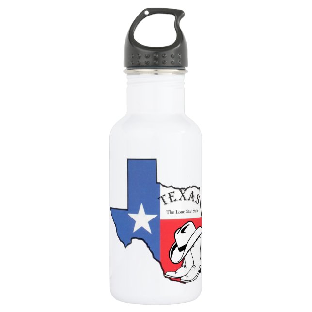 Bouteille D'eau Texas State Map avec Star, Boots, Casquette (Devant)