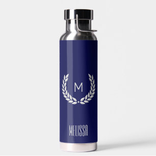 Bouteille D'eau Texte élégant, monogramme et couronne de laurier a