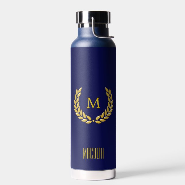 Bouteille D'eau Texte élégant, monogramme et couronne de laurier e (Gauche)