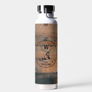 Bouteille D'eau Texture en bois rustique et monogramme de cerfs su