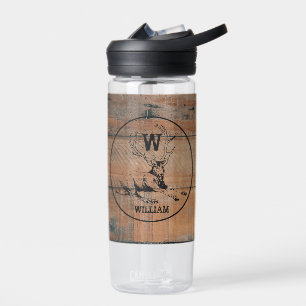 Bouteille D'eau Texture en bois rustique et monogramme de cerfs su